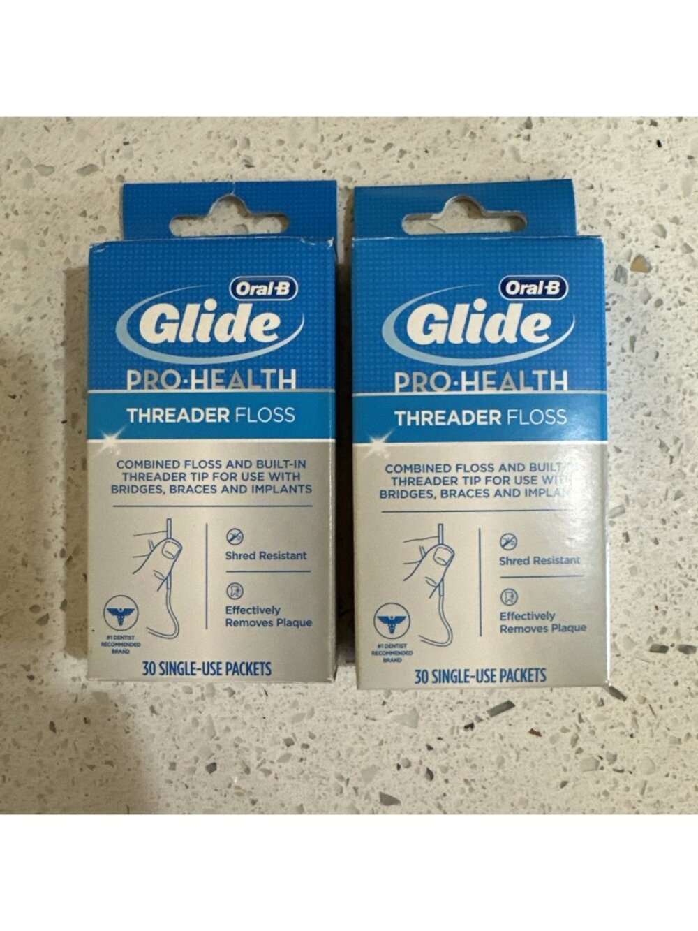 2-Oral-B GLIDE Pro-Health THREADER FLOSS 30 single use packets ORIGINAL TORN BOX